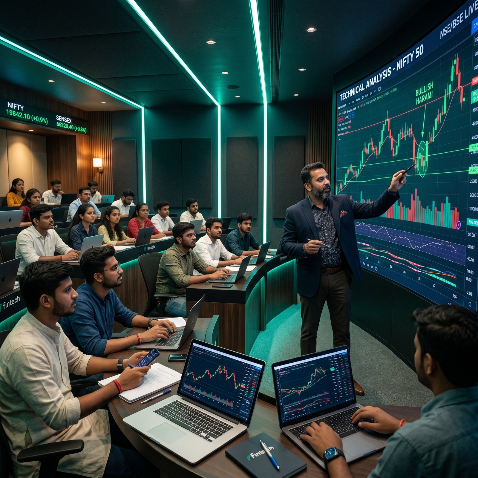 Stock Scholars classroom — mentor explaining Nifty 50 technical analysis to students on live trading screens